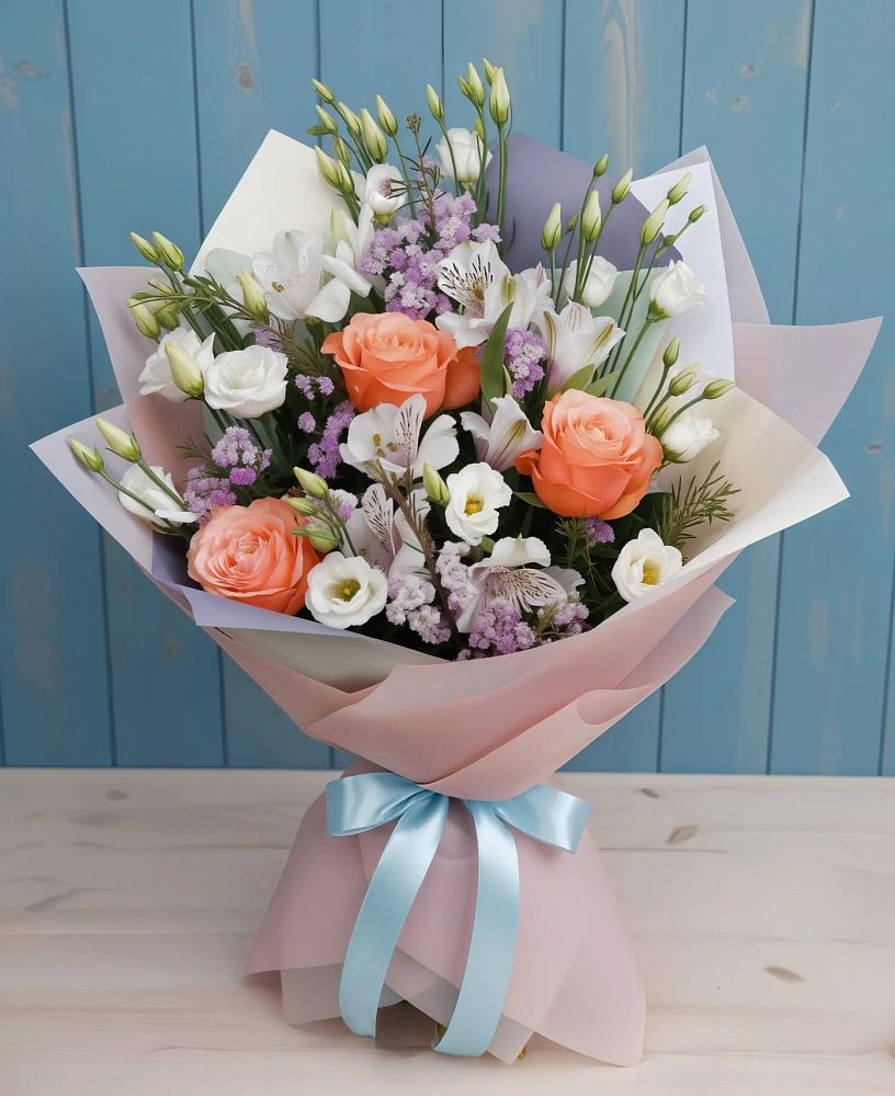 Букет цветов из: Лизиантусы, Розы, Альстромерии и Гипсофила в Котельниче